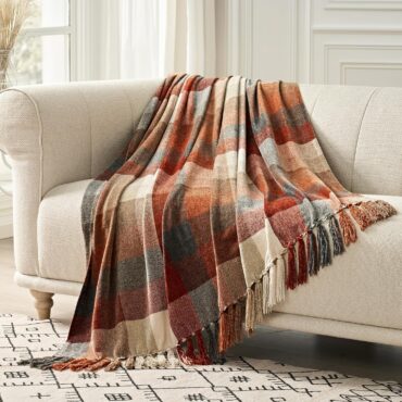 Plaid Chenille Fall Throw Blanket, 50"x60", Harvest Orange Plaid | Super Soft Knit Throw with Tassels, Cozy, Decorative Rustic Farmhouse Decor for Autumn, Ideal for Couch Bed Sofa Gift