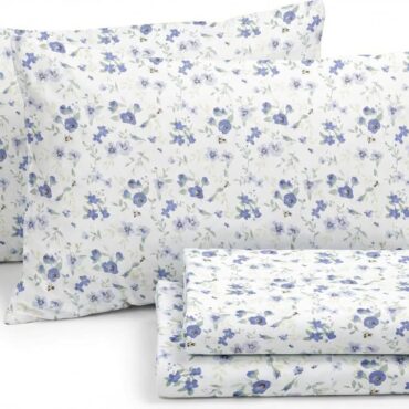 Linen Market 4 Piece Queen Sheet Set - Breathable, Double-Brushed Patterned Cooling Sheets – Ultra Soft & Wrinkle-Free 16" Deep-Pocket Queen Sheets - Easy Care Blossoms Light Blue