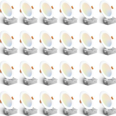 Amico 24 Pack 6 Inch LED Recessed Light with Junction Box, 5CCT, 1050LM | 12W, 2700K-5000K, 5%-100% Dimmable, 120V, White, Metal Housing, Ultra-Thin Canless Wafer Downlight, ETL, FCC, IC & Damp Rated