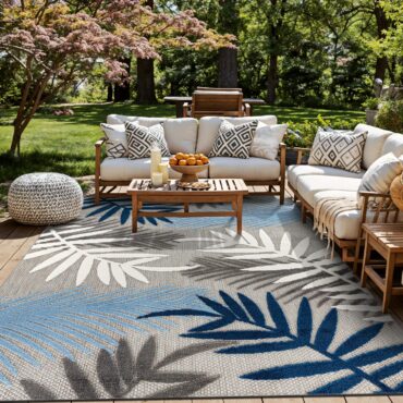 Rugshop Palm Leaf Indoor/Outdoor Non-Shedding Deck Area Rug Blue 10' x 14' | Easy-Care, Rectangular, Size 10' x 14', Patio, Porch, Balcony, Backyard, Garden, Poolside, Sunroom, Outdoor Living